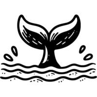 Tail of huge whale sticks out of water in monochrome. Simple minimalistic in black ink drawing on white background vector