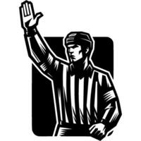 Hockey referee stops game due to rule violation in monochrome. Simple minimalistic in black ink drawing on white background vector