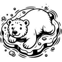Polar bear looking up while standing on floating ice floe, aerial view from flying helicopter in monochrome. Simple minimalistic in black ink drawing on white background vector