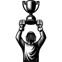 Cricketer lifts championship trophy over head in victory in monochrome. Simple minimalistic in black ink drawing on white background vector