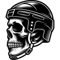 Human skull wearing protective hockey helmet side view in monochrome. Simple minimalistic in black ink drawing on white background vector