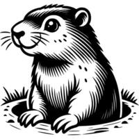 Active and cheerful marmot looks out of its hole after hibernation in monochrome. Simple minimalistic in black ink drawing on white background vector