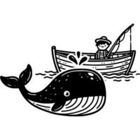 Curious baby whale swims near a boat with a fisherman in monochrome. Simple minimalistic in black ink drawing on white background vector