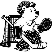 Hockey goalie polar bear protects team gate in monochrome. Simple minimalistic in black ink drawing on white background vector