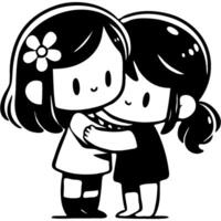 Two best friends hug and say thank you to each other in monochrome. Simple minimalistic in black ink drawing on white background vector