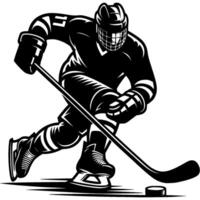 Professional hockey player rushes towards opponent goal with puck in monochrome. Simple minimalistic in black ink drawing on white background vector