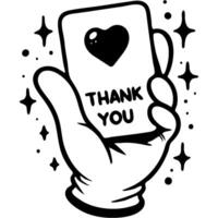 Hand holding paper card with thank you inscription and heart shaped drawings in monochrome. Simple minimalistic in black ink drawing on white background vector