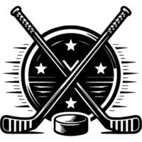 Crossed opponent sticks and hockey puck against round shield in monochrome. Simple minimalistic in black ink drawing on white background vector