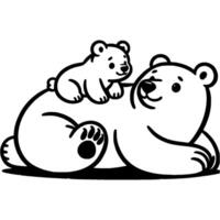 Bear cub sits on mother polar bear back in monochrome. Simple minimalistic in black ink drawing on white background vector