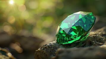 Sparkling Emerald Gemstone on Rock Nature Background photo