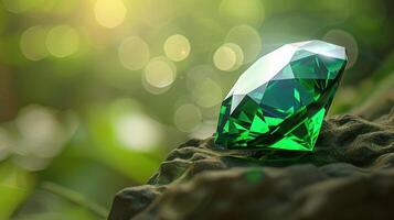 Sparkling Emerald Gemstone on Rock Nature Background Luxury Jewel photo