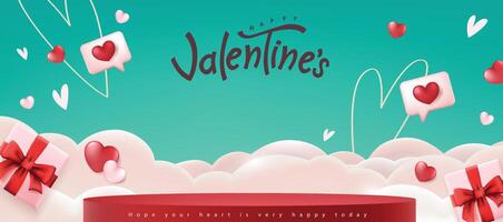 Valentines day promotion banner background with product display cylindrical shape and Heart Shape Balloon on sky vector