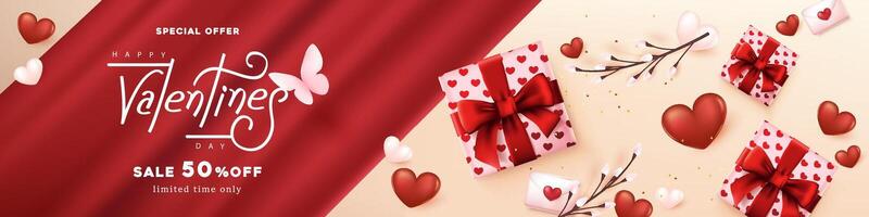 Valentines day sale banner card background layout template with gift box and heart shape and calligraphy of valentines day vector