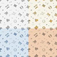 set of seamless patterns with doodle linear icons. Printing of finished photos. Camera, film, memory card, lens. Ornament for decoration and printing on fabric. Design element. vector