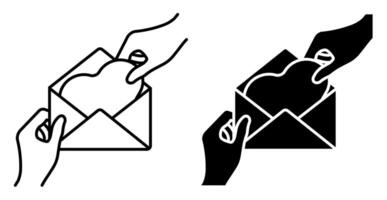 Linear icon. Hands hold envelope with heart shaped greeting card for holiday on Valentine Day. Simple black and white image isolated on white background vector