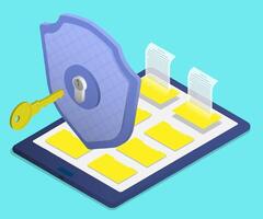 Isometric firewall shield with key protects digital tablet with archive of electronic documents. Key opens access to data on digital device. Realistic 3D image vector
