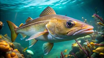 Haddock fish realistic image under the water close up view. . photo