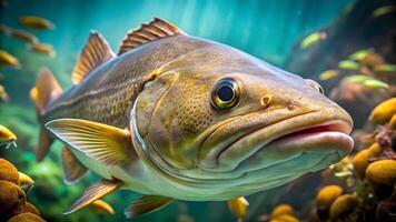 Cod fish realistic image under the water close up view. . photo