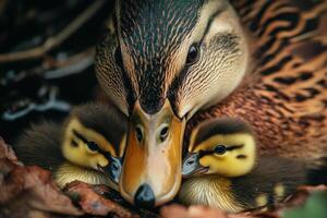 Duck with ducklings swimming in pond photo