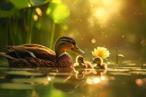 Duck with ducklings swimming in pond at sunset photo