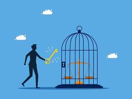 a man is holding a key to open a cage with a bird vector
