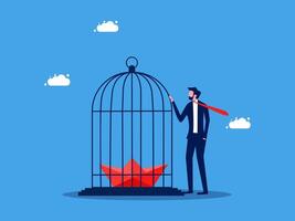 man in a suit holding a red paper boat in a cage vector