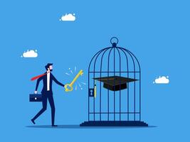 businessman is holding a key to open a cage with a graduation cap inside vector
