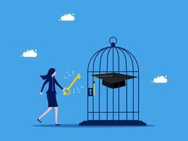 a woman is holding a key to open a cage with a graduation cap inside vector
