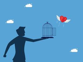 man holding a heart shaped cage with wings and a bird vector