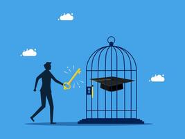 man is holding a key to open a cage with a graduation cap inside vector