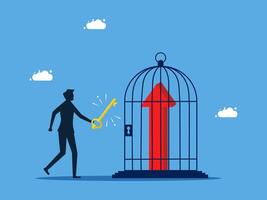 man with key to open cage with arrow pointing up vector