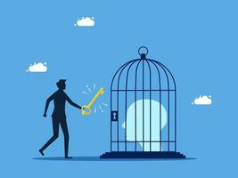 a man is holding a key to open a cage with a bird inside vector