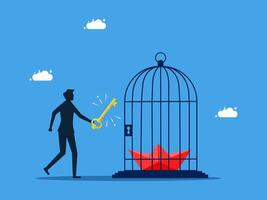 man opening the cage to find the key to unlock the door to success vector