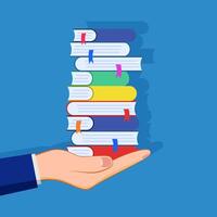 hand holding stack of books on blue background vector