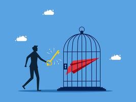 man opening a paper airplane in a cage, concept of success and failure vector