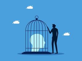 man in silhouette standing in front of a cage with a human head inside vector