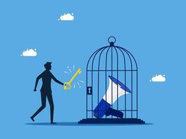 man in a cage with a key and a bird vector