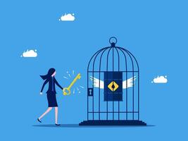 a woman is holding a key to open a cage with a bird inside vector