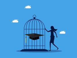 a woman is standing in front of a cage with a graduation cap on it vector
