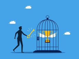 man in a cage with golden key and golden cup, concept of success and achievement vector