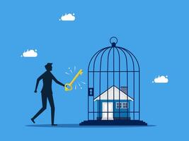 man holding key to open cage with house and bird vector