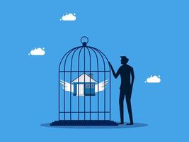 man in a cage with house and clouds vector