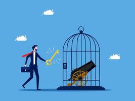 businessman in suit holding key to open cage with cannon vector