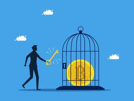 man holding key to open a golden coin cage with bitcoin symbol vector
