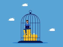 man sitting in a cage with stacks of money vector