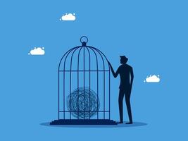 a man is looking at a bird cage with a bird inside vector