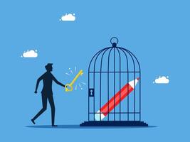 a man is holding a key to open a cage with a red pen inside vector