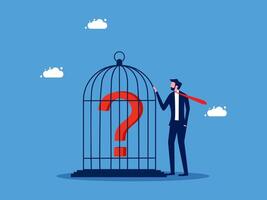 man is holding a bird cage with a question mark on it vector