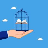 hand holding open book in cage with clouds vector