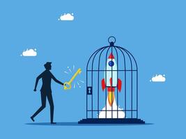 businessman holding key to open cage with rocket in it vector